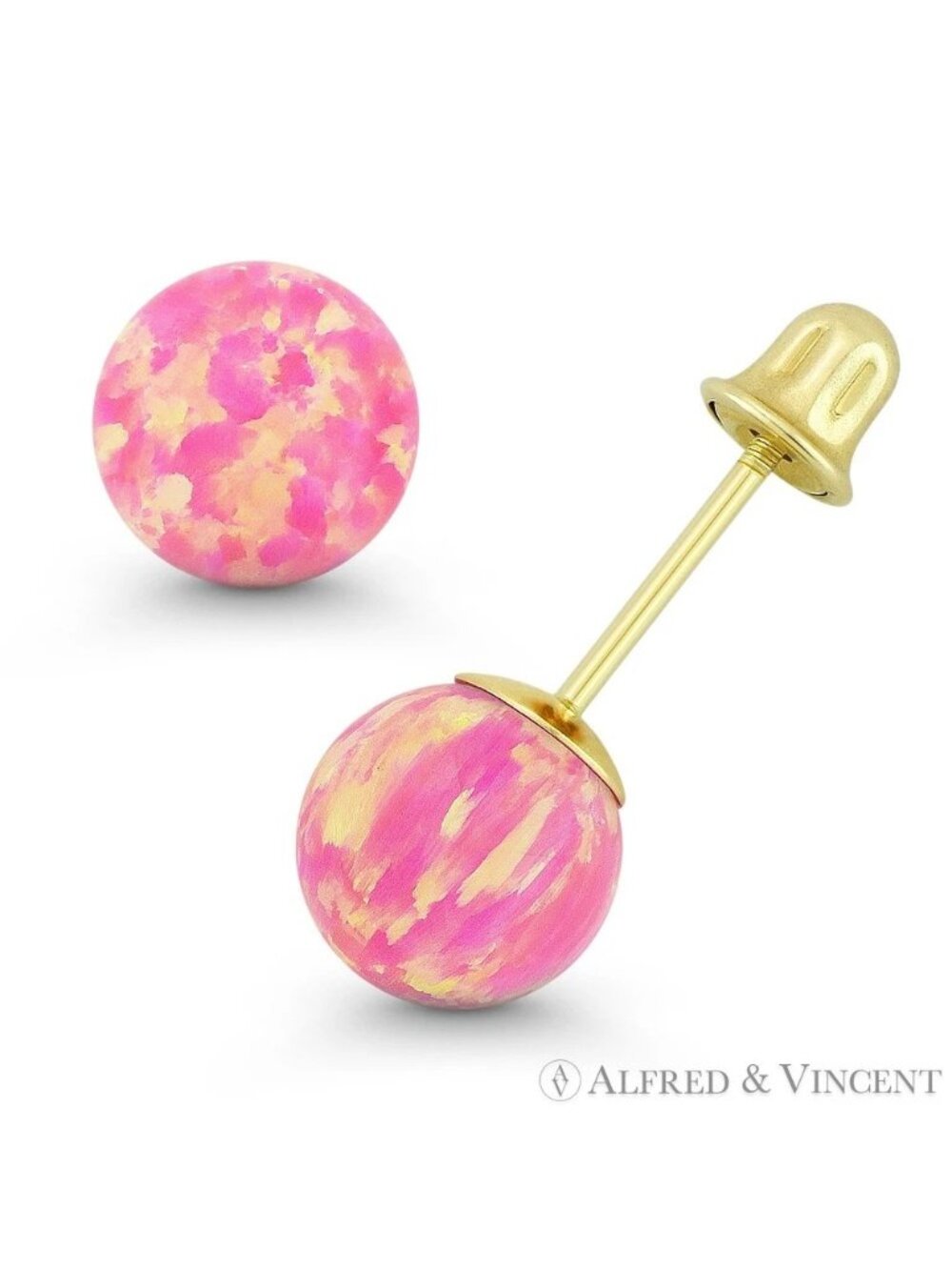 Fiery Royal-Pink Synthetic Opal Screwback Stud Earrings in 14k Yellow Gold